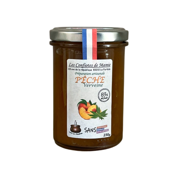Les Confiotes de Mamie : Confiture Pêche verveine, sans conservateurs, sans colorants, sans additifs artificiels, 83% de fruits