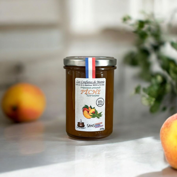 Les Confiotes de Mamie : Confiture Pêche verveine, sans conservateurs, sans colorants, sans additifs artificiels, 83% de fruits 230g – Image 2