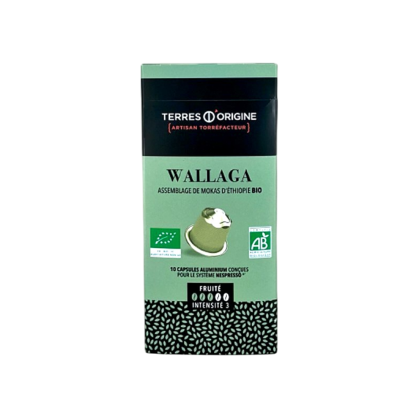 Terres Origine : Café "Wallaga", en capsule, Fruité, intensité 3,assemblage de Mokas d'Ethiopie BIO