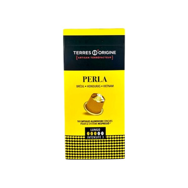 Terres Origine : Café "Perla", en capsule, Lungo, intensité 3, Brésil, Honduras, Vietnam